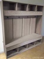 hall tree with hidden compartments with dark hickory finish