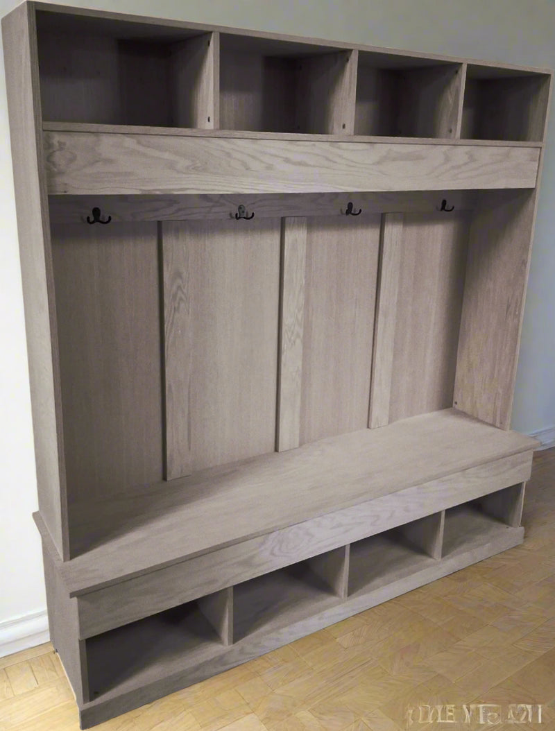 hall tree with hidden compartments with dark hickory finish