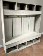hall tree with hidden compartments with gray finish