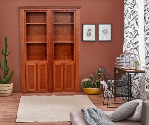 Double Hidden Bookcase Door 60" x 80" Red Oak Red Mahogany Stain - Hide-A-Way-Doors